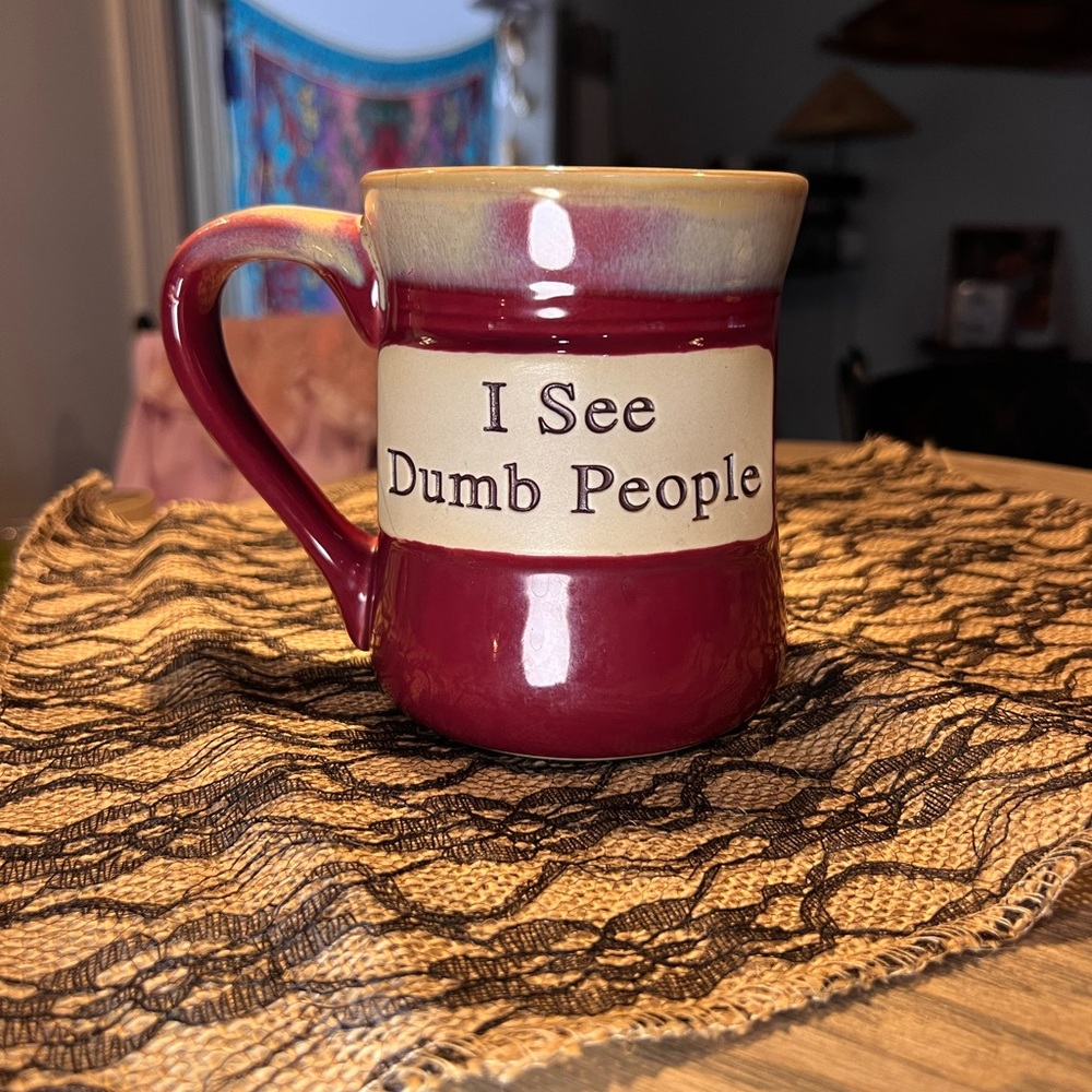 Red and Cream Dining Mug Gag quote, cracked sellin as a pen cup or container